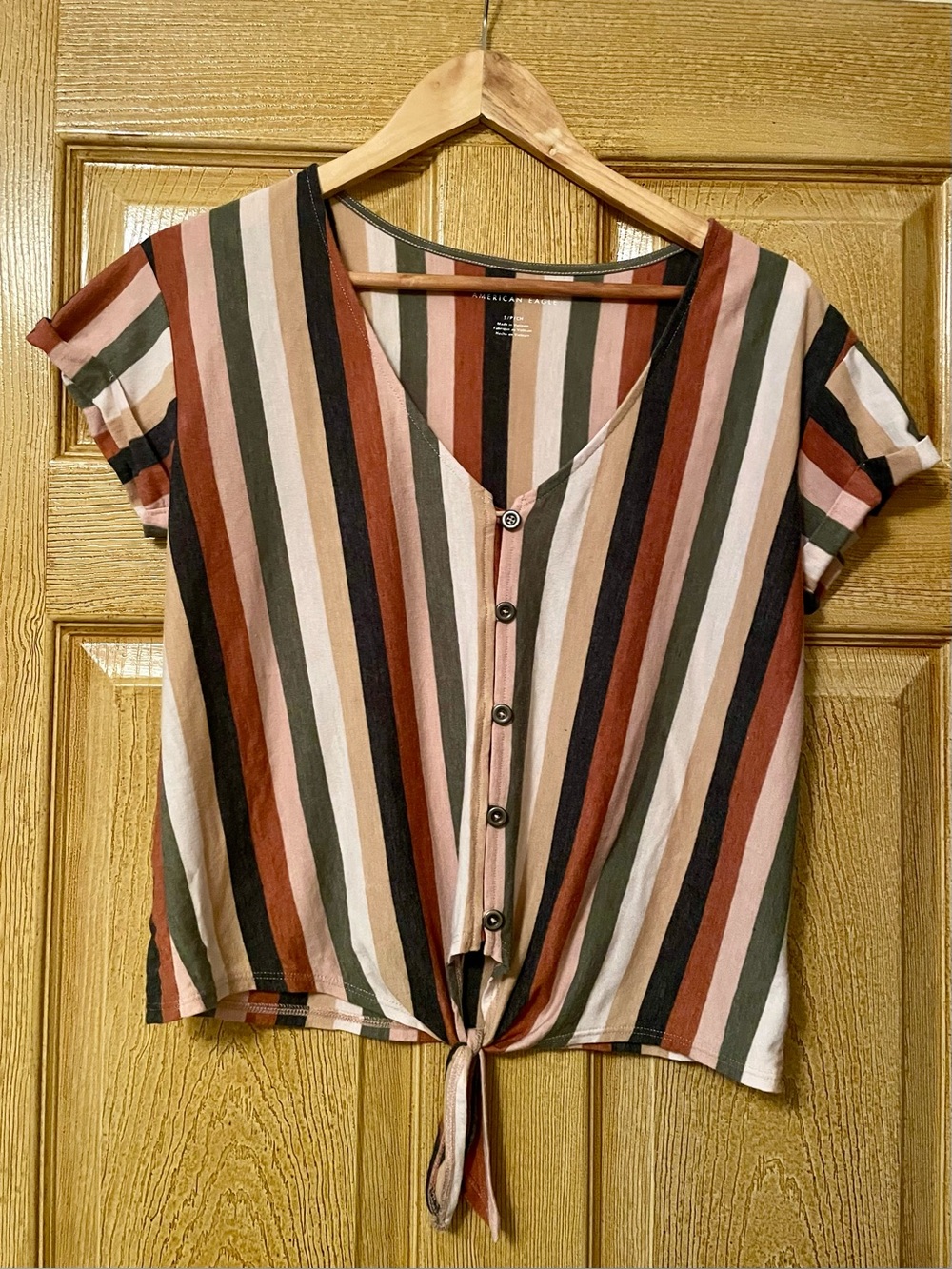 American Eagle Rust Multi-Stripe Tie-Front V-Neck Top Size Small
